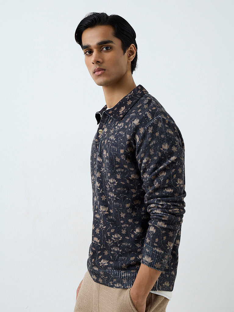 ETA Navy Floral Design Relaxed-Fit Sweater