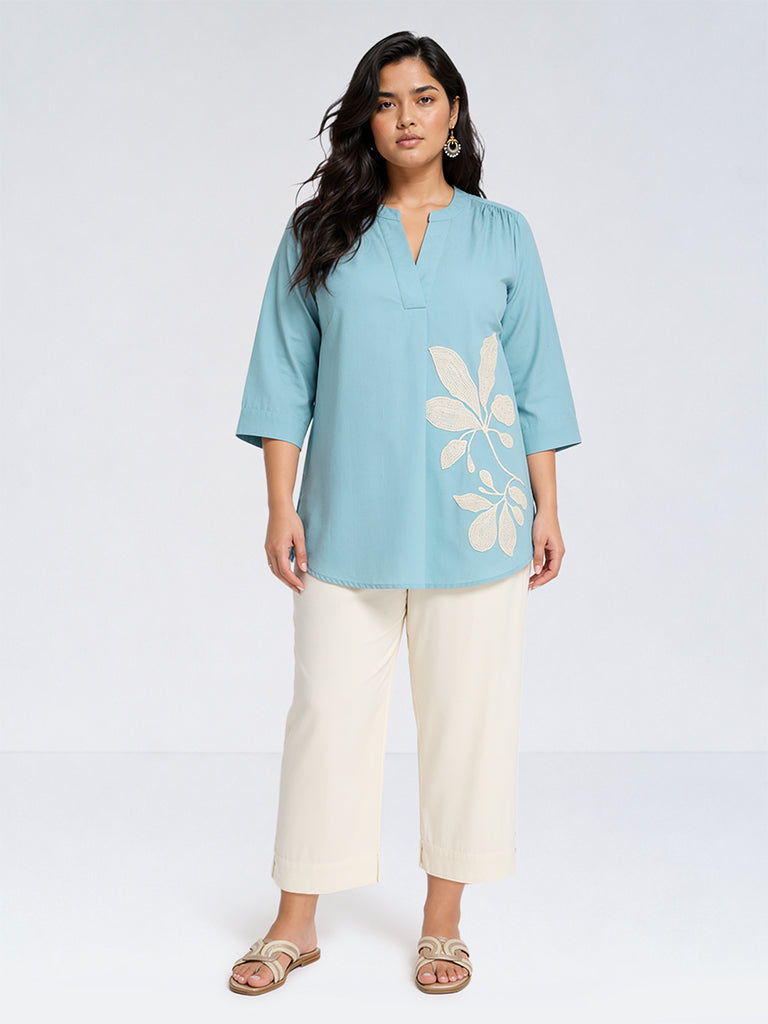 Diza Light Blue Floral Embroidered Tunic
