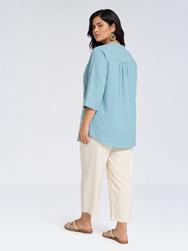 Diza Light Blue Floral Embroidered Tunic