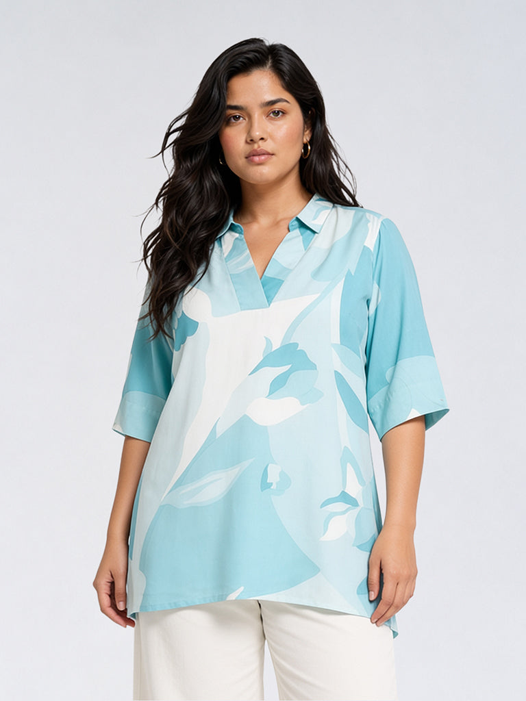 Diza Blue Abstract Pattern Cotton-Blend Tunic