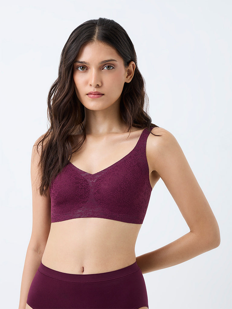 Wunderlove Plum Floral Lace Invisible Full Coverage Padded Bra