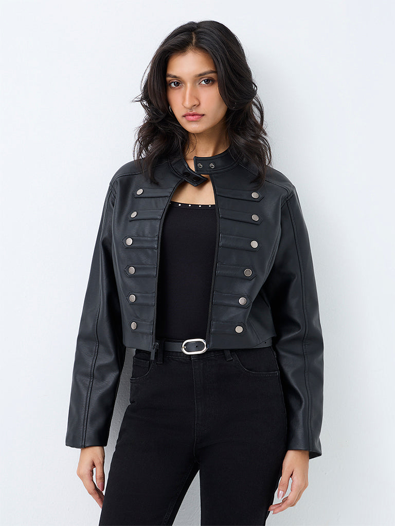 Nuon Black Tab-Button Faux Leather Jacket