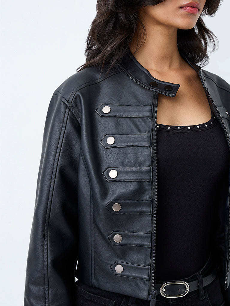 Nuon Black Tab-Button Faux Leather Jacket