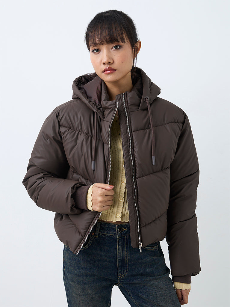 Nuon Dark Brown Solid Hooded Puffer Jacket