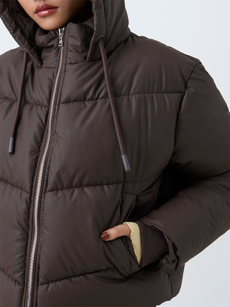 Nuon Dark Brown Solid Hooded Puffer Jacket