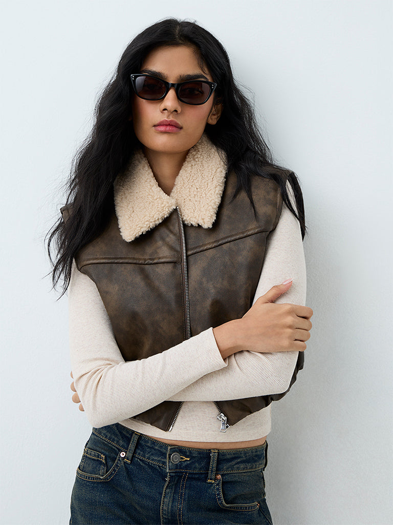 Nuon Dark Brown Washed Fur-Collar Faux Leather Jacket
