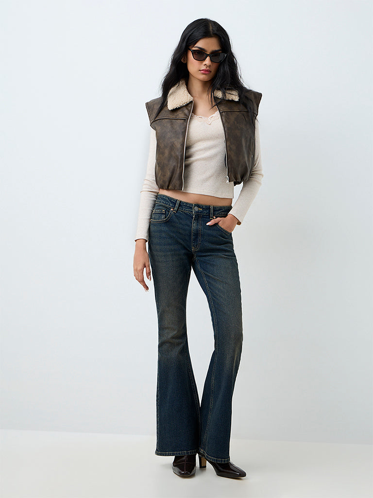 Nuon Dark Brown Washed Fur-Collar Faux Leather Jacket