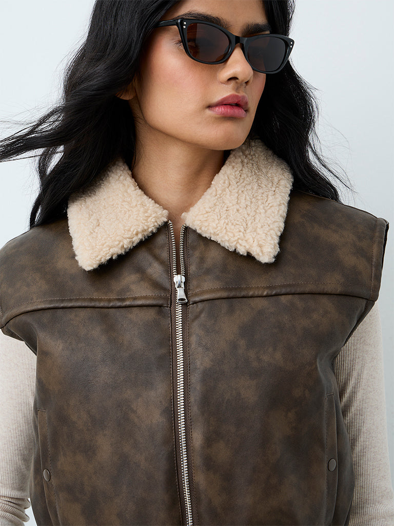 Nuon Dark Brown Washed Fur-Collar Faux Leather Jacket