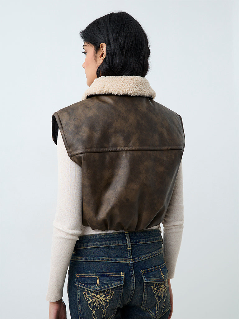 Nuon Dark Brown Washed Fur-Collar Faux Leather Jacket