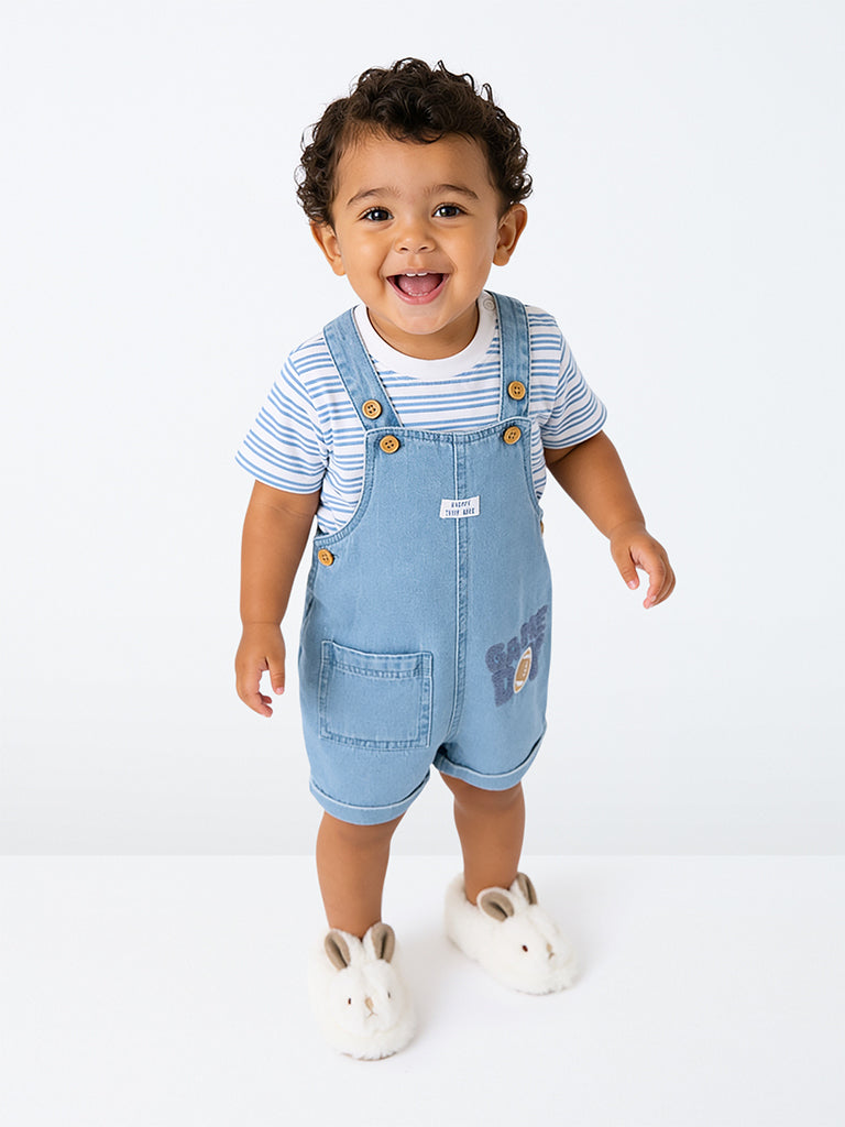 HOP Baby Boys Blue Text-Detail Denim Dungaree with T-Shirt Set