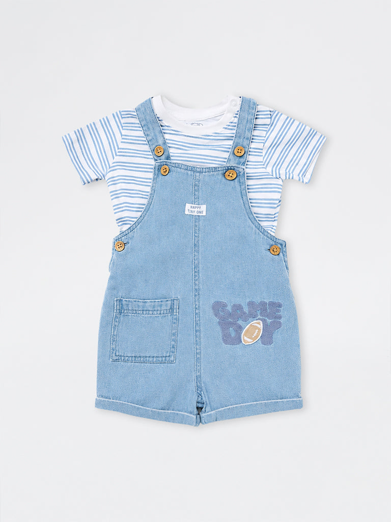 HOP Baby Boys Blue Text-Detail Denim Dungaree with T-Shirt Set
