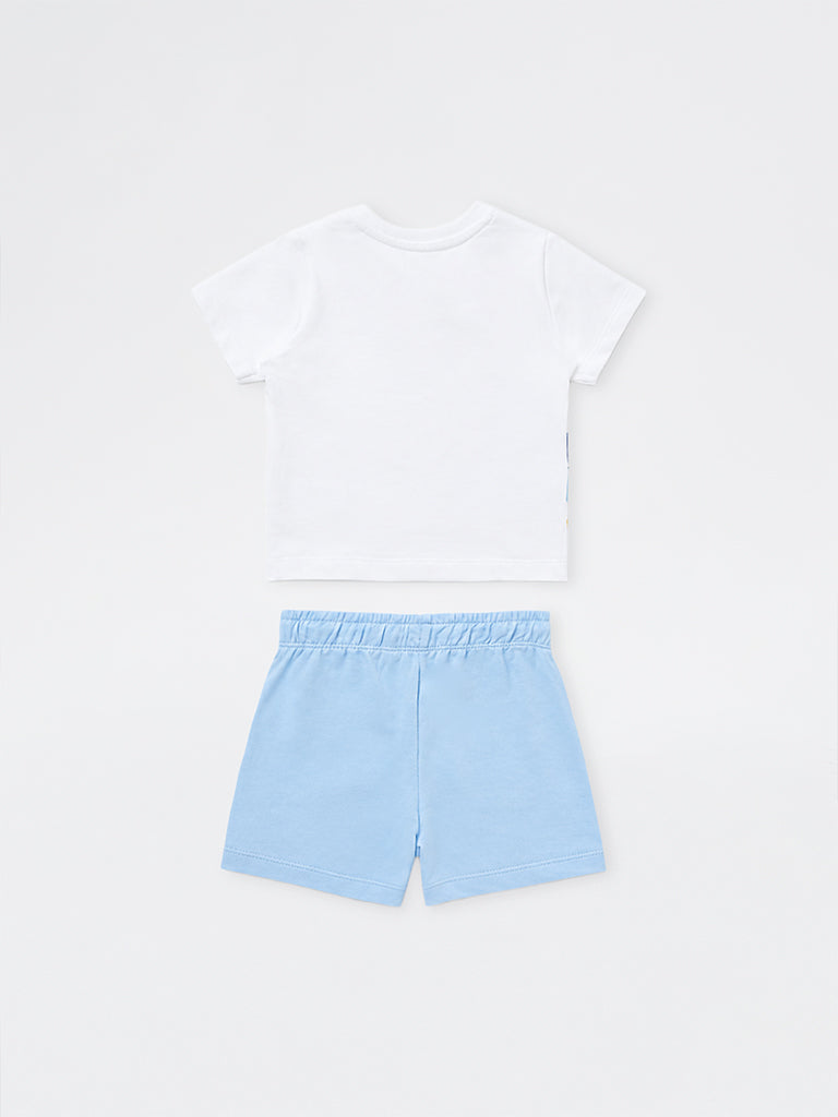 HOP Baby Boys White Graphic Printed Cotton T-Shirt and Shorts Set