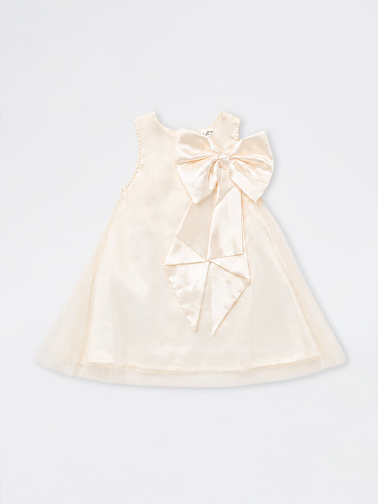 HOP Baby Girls Ivory Bow-Design Sheer-Overlay A-Line Dress