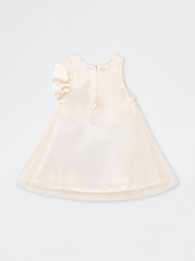 HOP Baby Girls Ivory Bow-Design Sheer-Overlay A-Line Dress