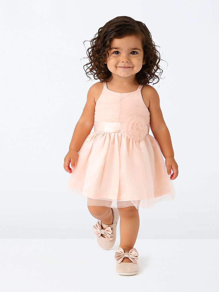 HOP Baby Girls Peach Floral Applique Fit-and-Flare Dress