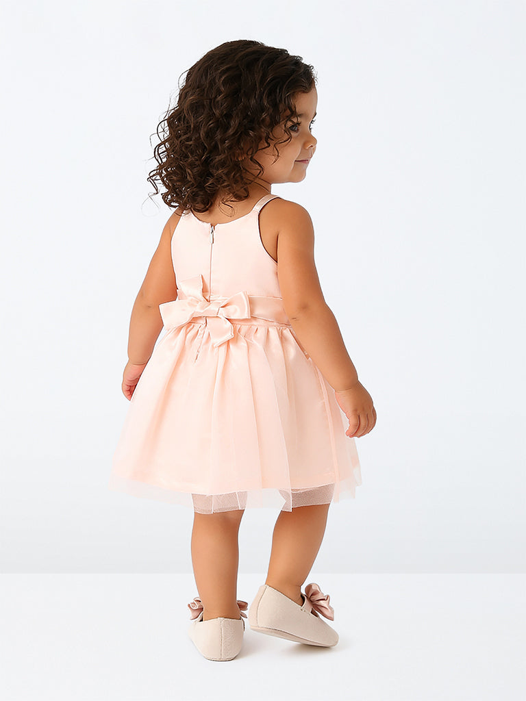 HOP Baby Girls Peach Floral Applique Fit-and-Flare Dress