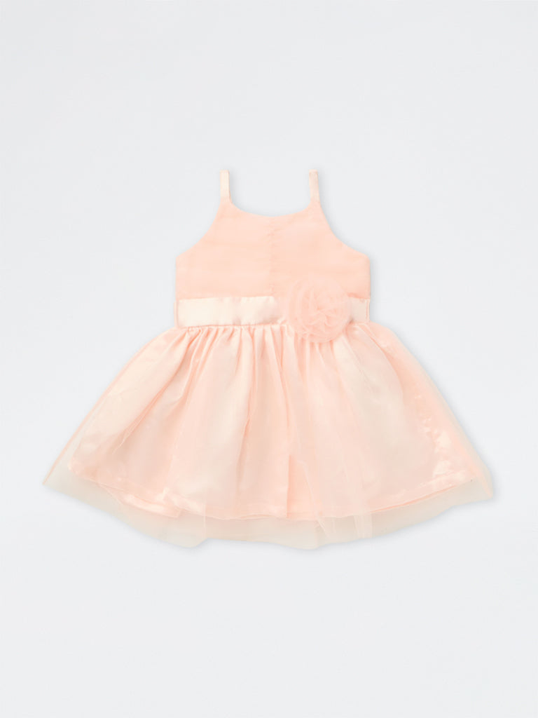 HOP Baby Girls Peach Floral Applique Fit-and-Flare Dress