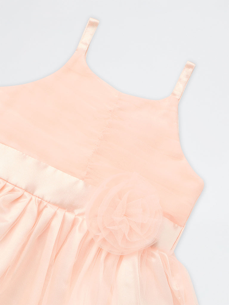 HOP Baby Girls Peach Floral Applique Fit-and-Flare Dress
