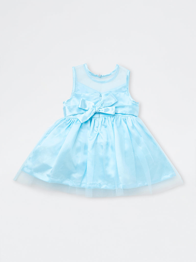 HOP Baby Girls Blue Bow-Detail Sheer-Overlay Cotton Party Dress