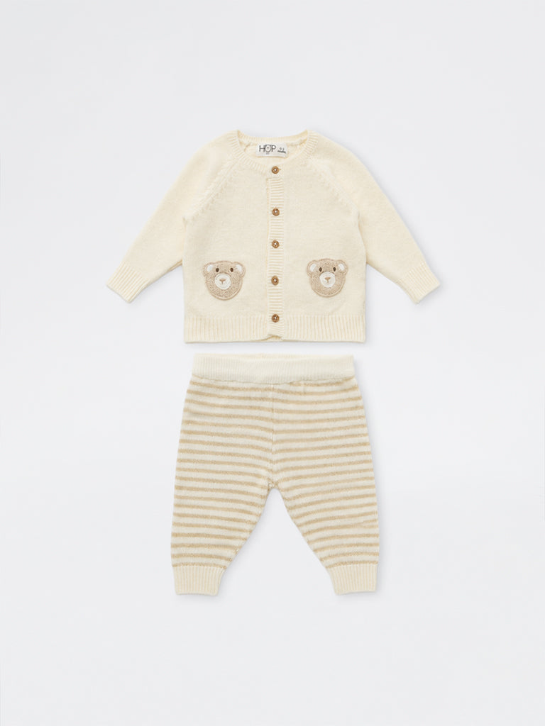 HOP Baby Boys Cream Teddy Embroidered Cardigan and Pants Set