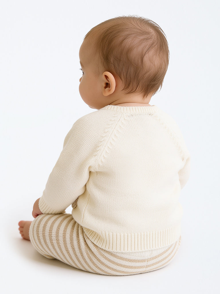 HOP Baby Boys Cream Teddy Embroidered Cardigan and Pants Set