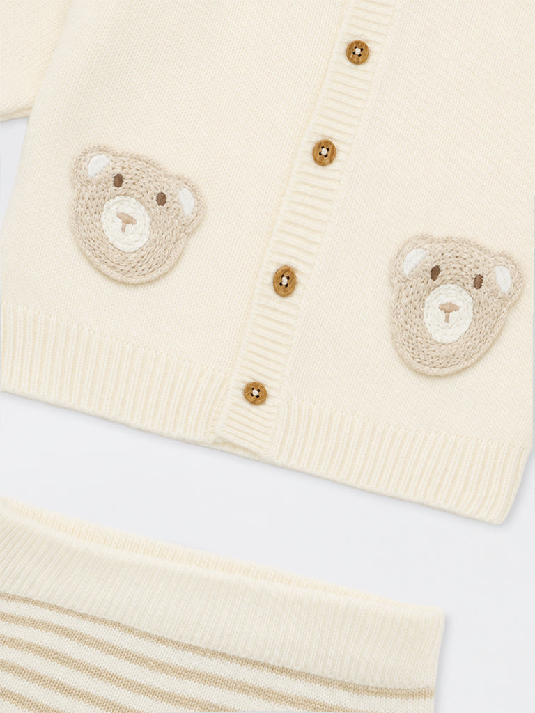 HOP Baby Boys Cream Teddy Embroidered Cardigan and Pants Set