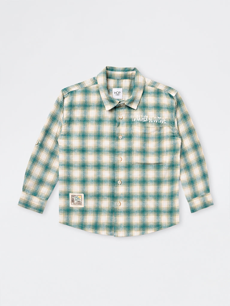 HOP Kids Boys Teal Checkered Cotton Shirt