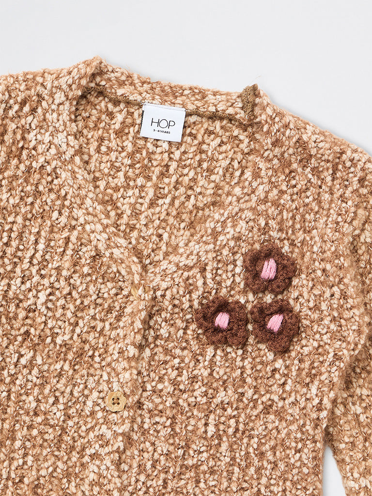 HOP Kids Girls Brown Floral Applique Knitted Cardigan