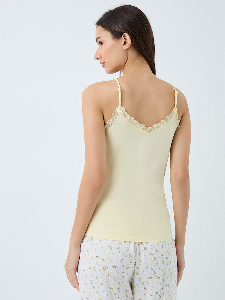 Wunderlove Light Yellow Lace-Detail Cotton-Blend Camisole