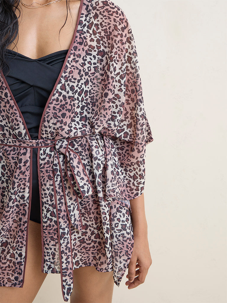 Wunderlove Brown Animal Printed Beach Shrug with Belt