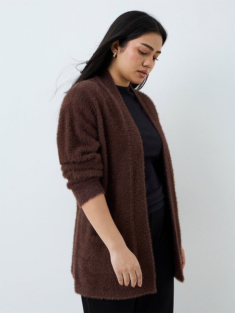 Gia Dark Brown Fuzzy-Textured Cardigan