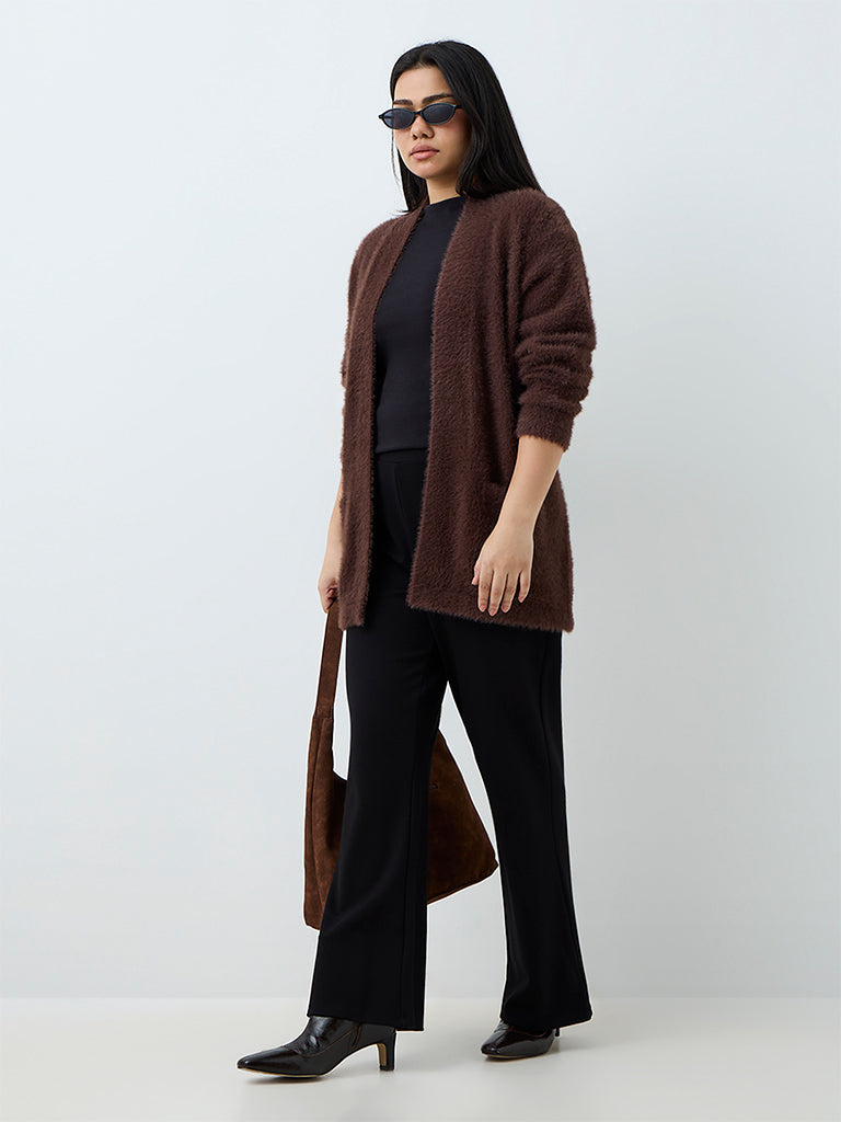 Gia Dark Brown Fuzzy-Textured Cardigan