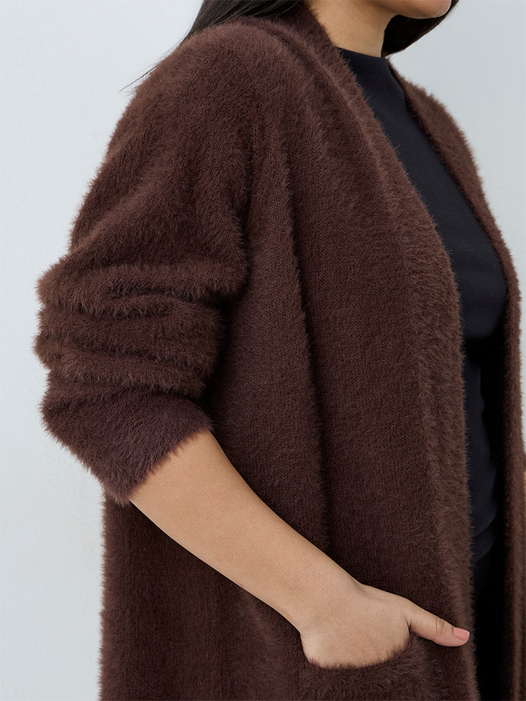 Gia Dark Brown Fuzzy-Textured Cardigan