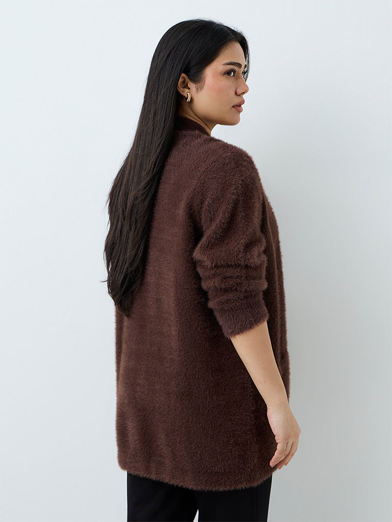 Gia Dark Brown Fuzzy-Textured Cardigan