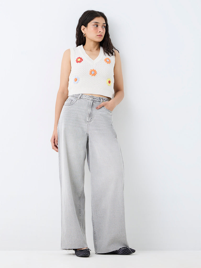 Nuon Off-White Floral Embroidered Knitted Cotton Top