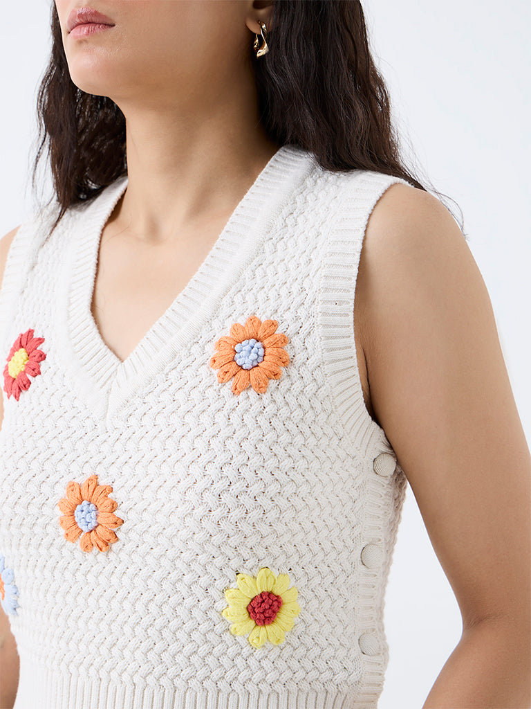 Nuon Off-White Floral Embroidered Knitted Cotton Top