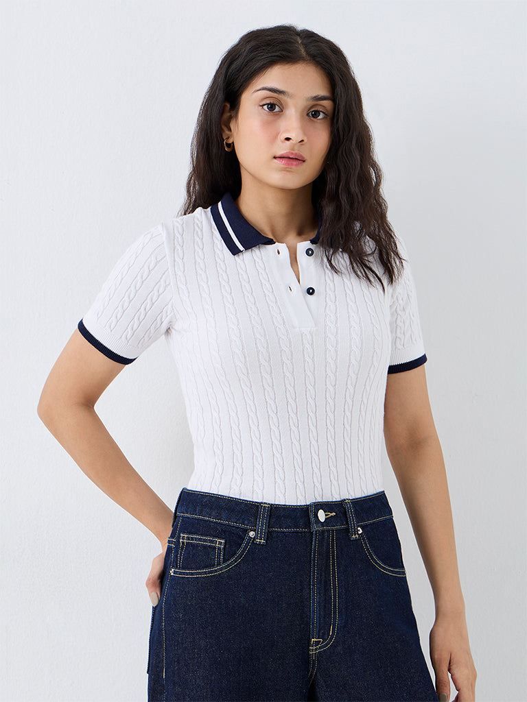 Nuon White Cable-Knitted Cotton Polo T-Shirt