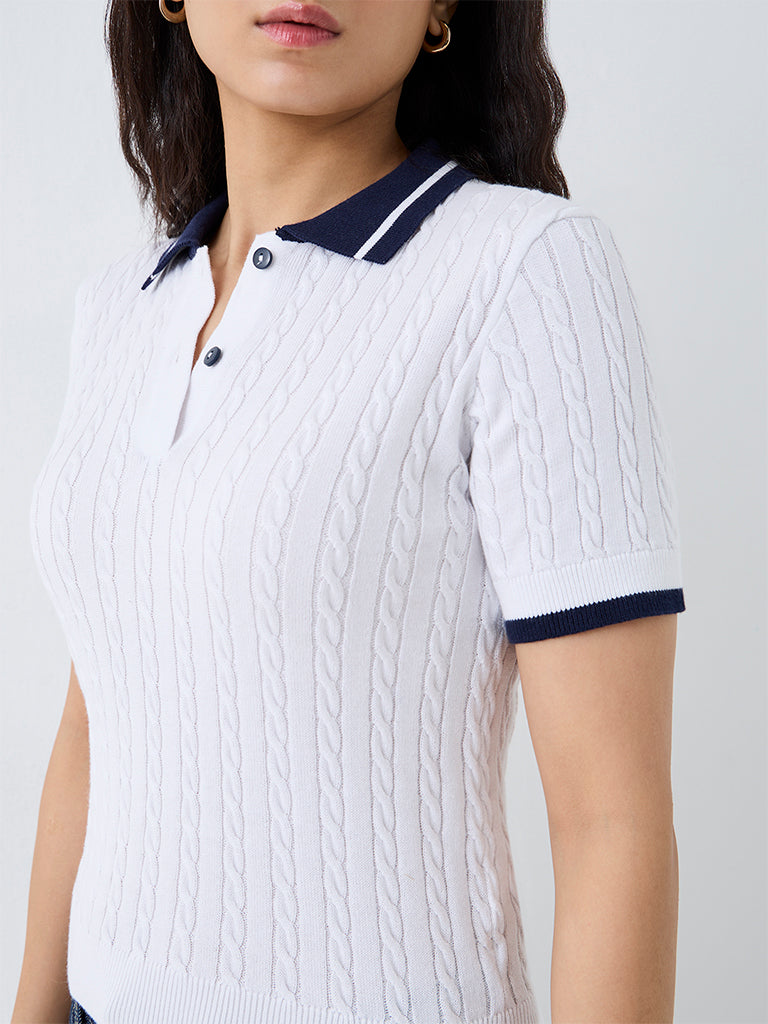 Nuon White Cable-Knitted Cotton Polo T-Shirt