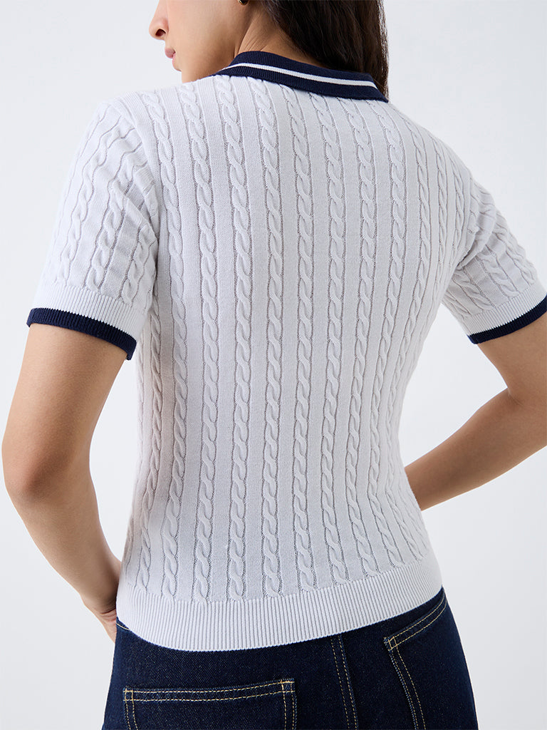 Nuon White Cable-Knitted Cotton Polo T-Shirt