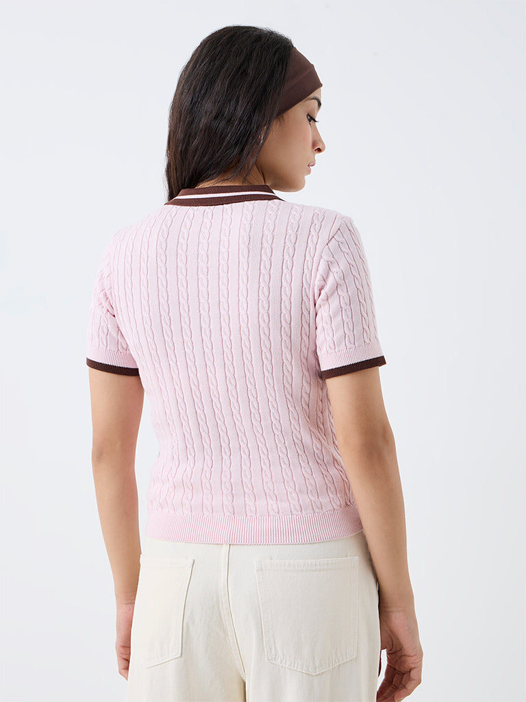 Nuon Light Pink Cable-Knitted Cotton Polo T-Shirt