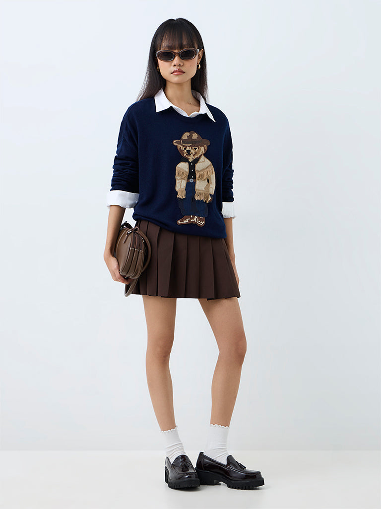 Nuon Navy Teddy Embroidered Knitted Sweater