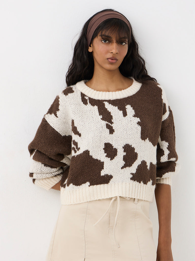 Nuon Brown Moo Printed Knit-Textured Sweater