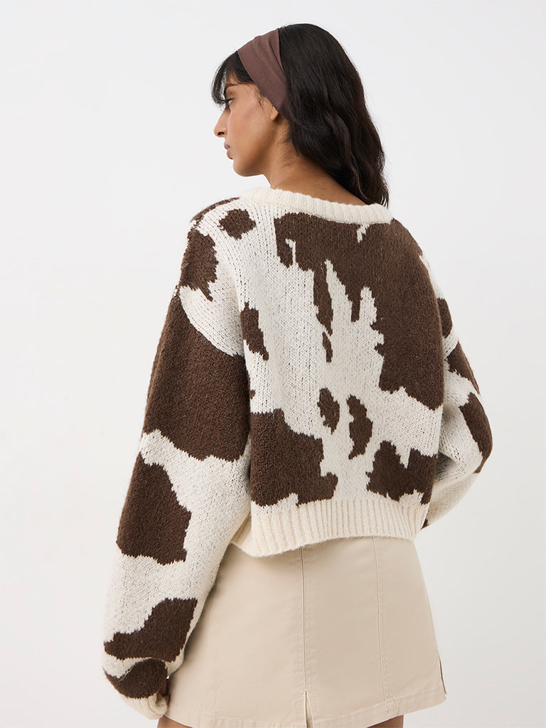 Nuon Brown Moo Printed Knit-Textured Sweater
