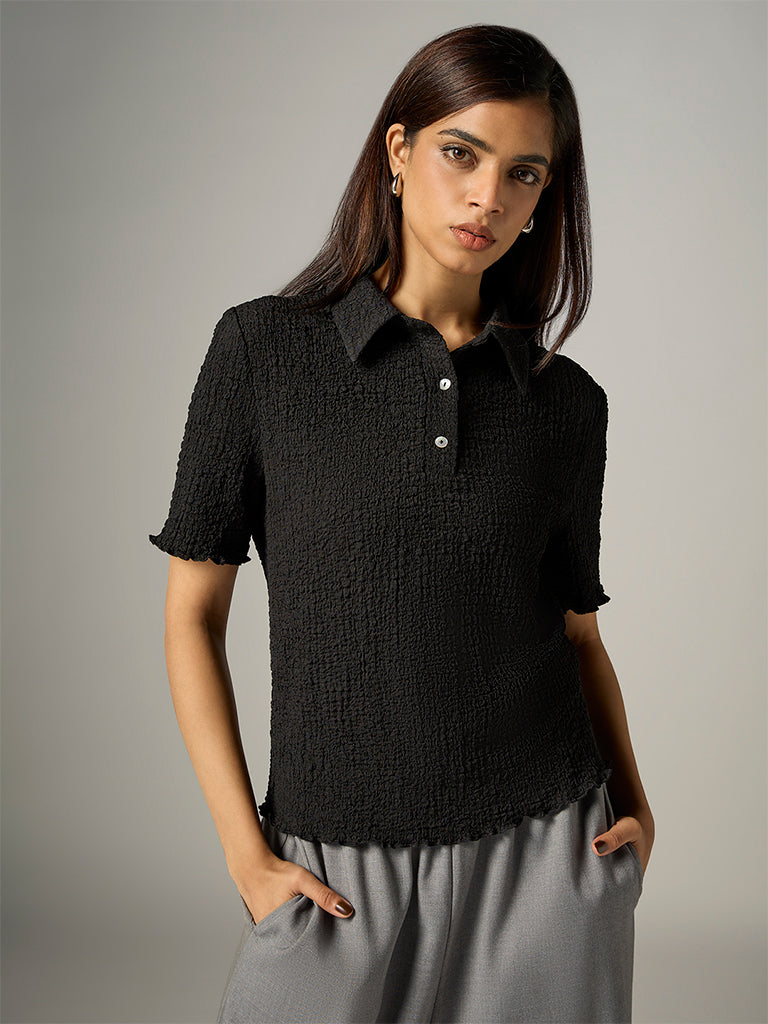 Wardrobe Black Textured Polo T-Shirt
