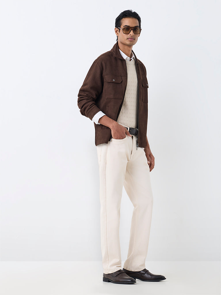 Ascot Dark Brown Solid Relaxed-Fit Suede Jacket