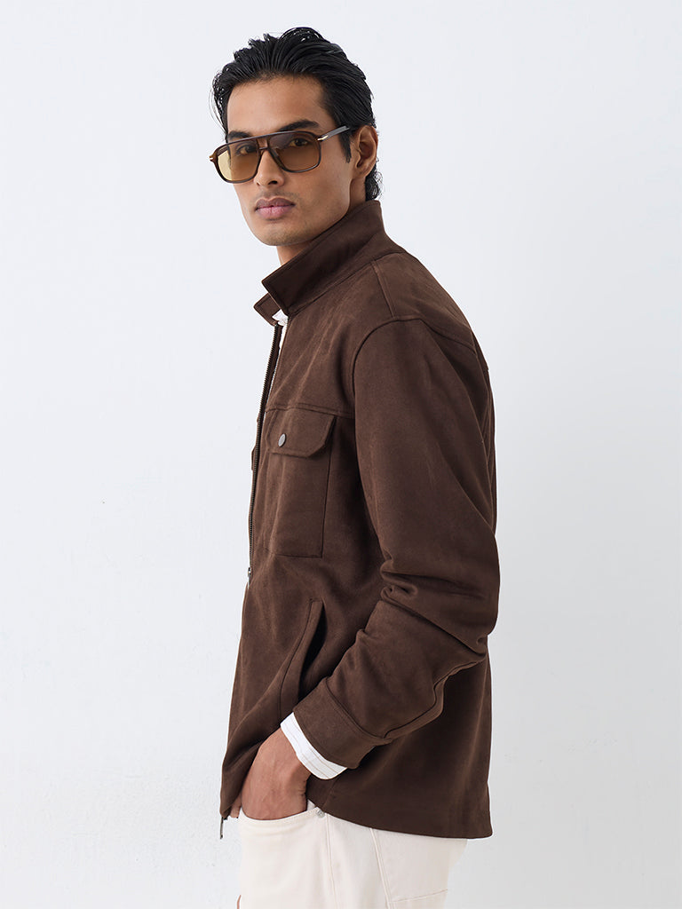 Ascot Dark Brown Solid Relaxed-Fit Suede Jacket
