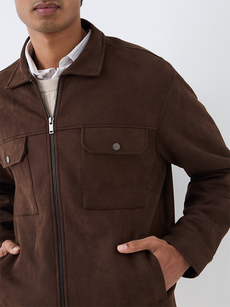 Ascot Dark Brown Solid Relaxed-Fit Suede Jacket
