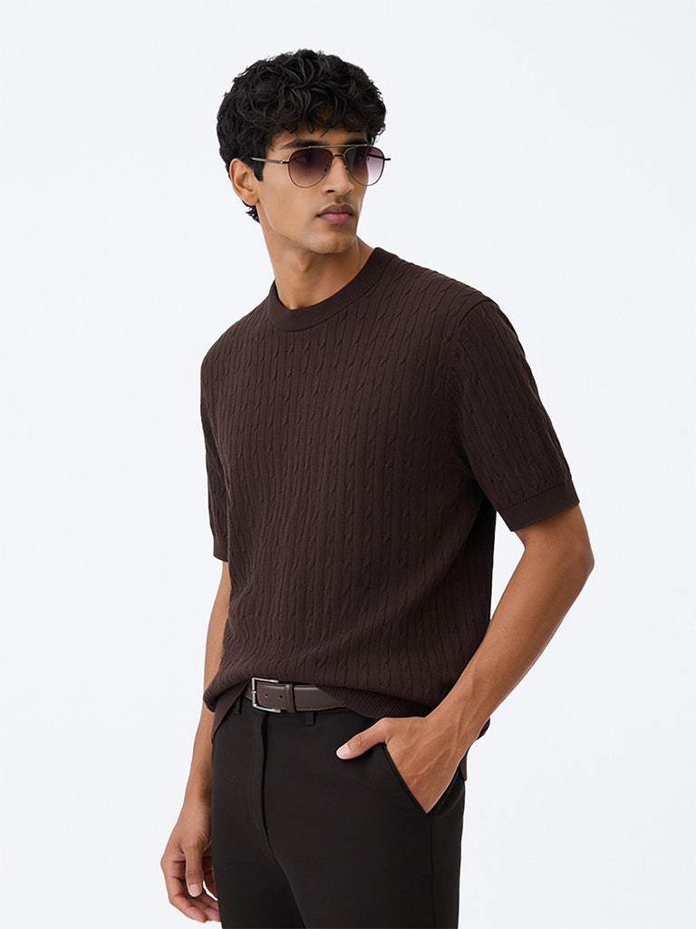 Ascot Dark Brown Cable-Knit Relaxed-Fit Cotton-Blend T-Shirt