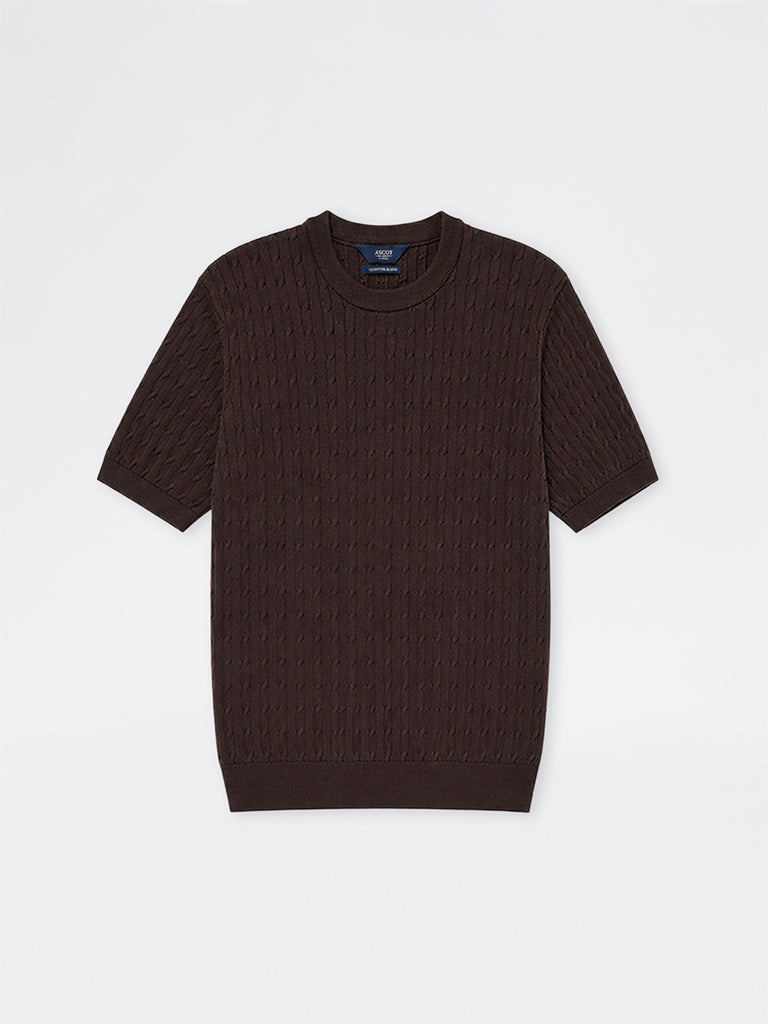 Ascot Dark Brown Cable-Knit Relaxed-Fit Cotton-Blend T-Shirt