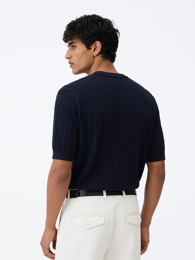 Ascot Navy Cable-Knit Relaxed-Fit Cotton-Blend T-Shirt